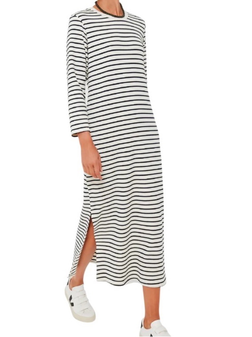 POMANDER PLACE Navy Cream Stripe Gio Maxi Dress Size Large Side Slits Tuckernut